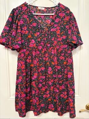 Floral print puffed sleeve mini dress M